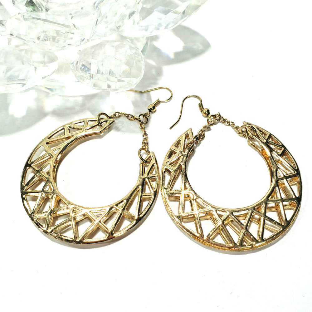 Large Gold Tone Open Work Hoop Earrings - Picture 1 of 7